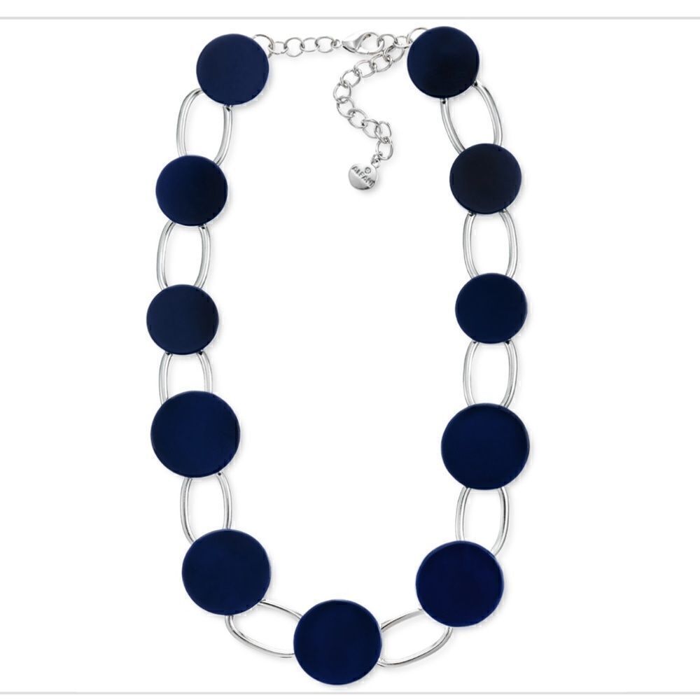 NWT Alfani Silver-Tone Link & blue Disc Statement Necklace, 18"+ 2" Extender